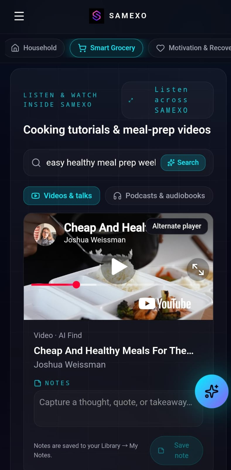 SAMEXO Smart Grocery cooking and meal-prep media search