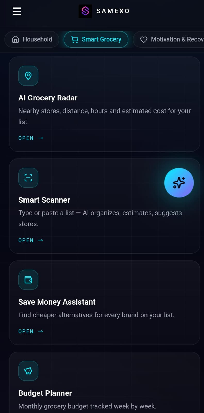 SAMEXO Smart Grocery AI Radar, Scanner and Budget Planner cards