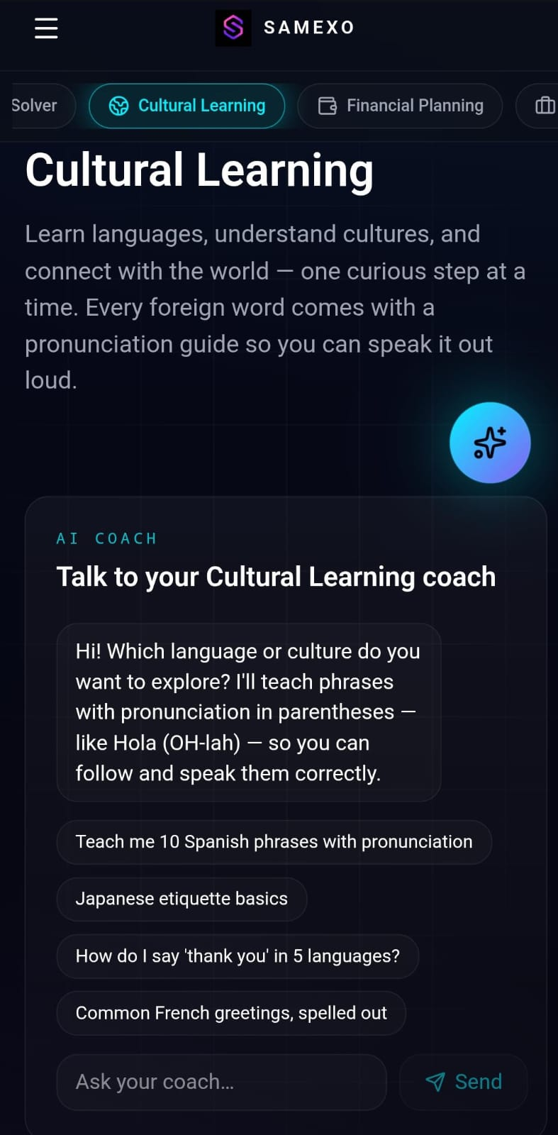 SAMEXO Cultural Learning AI coach with pronunciation guidance
