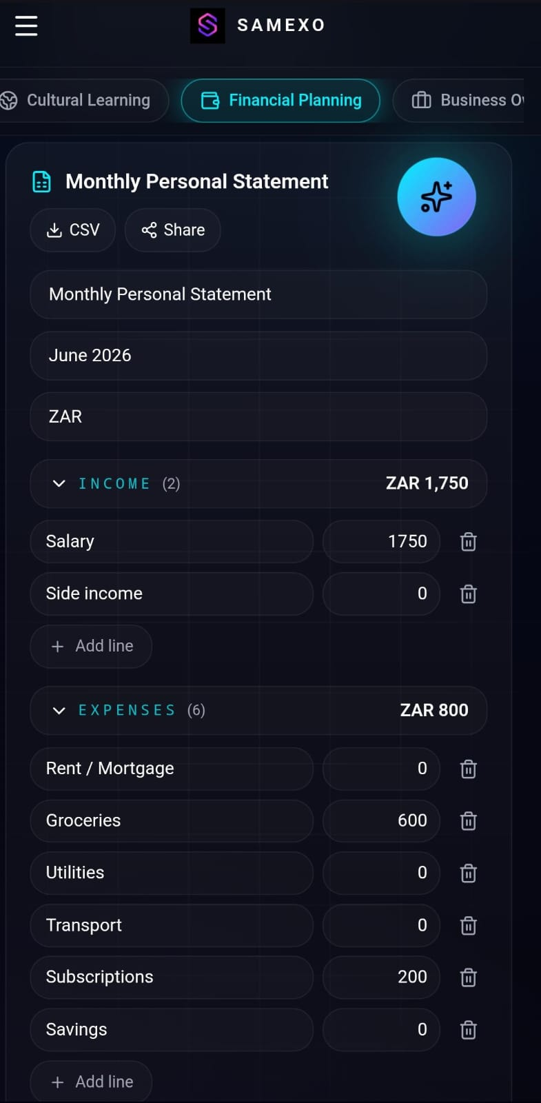 SAMEXO Financial Planning monthly personal statement on mobile