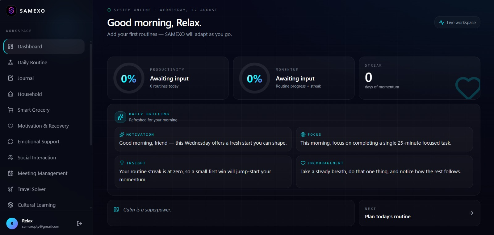 SAMEXO dashboard preview showing daily briefing, productivity stats, and life domains