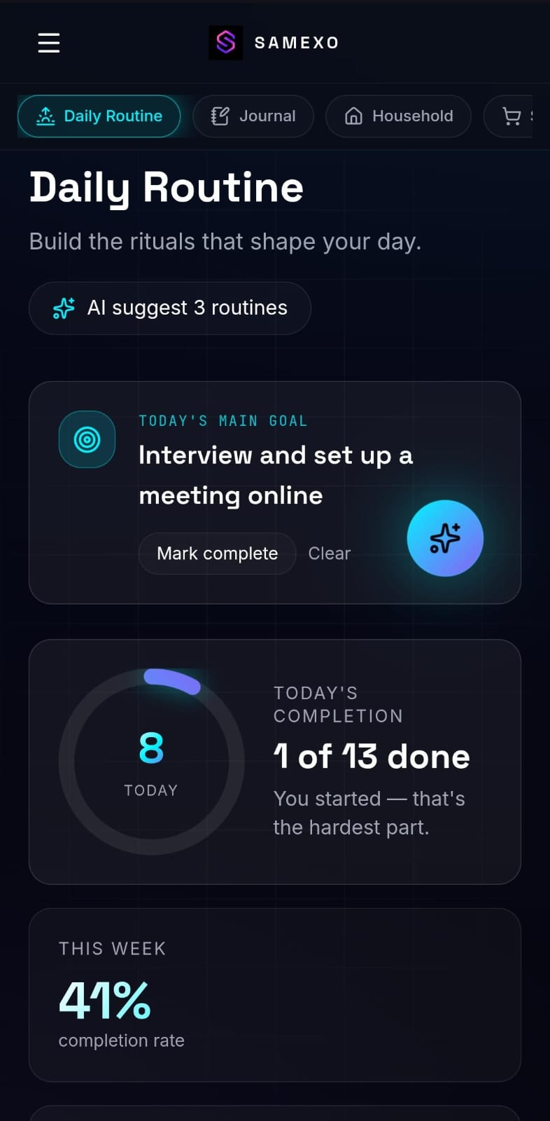 SAMEXO daily routine progress overview on mobile