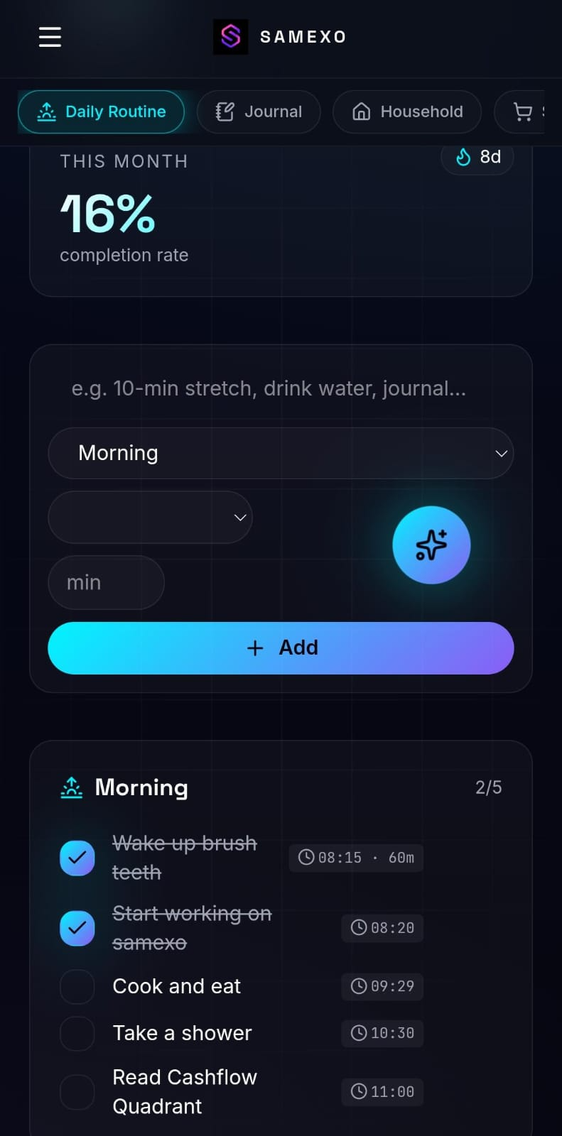 SAMEXO daily routine task list on mobile