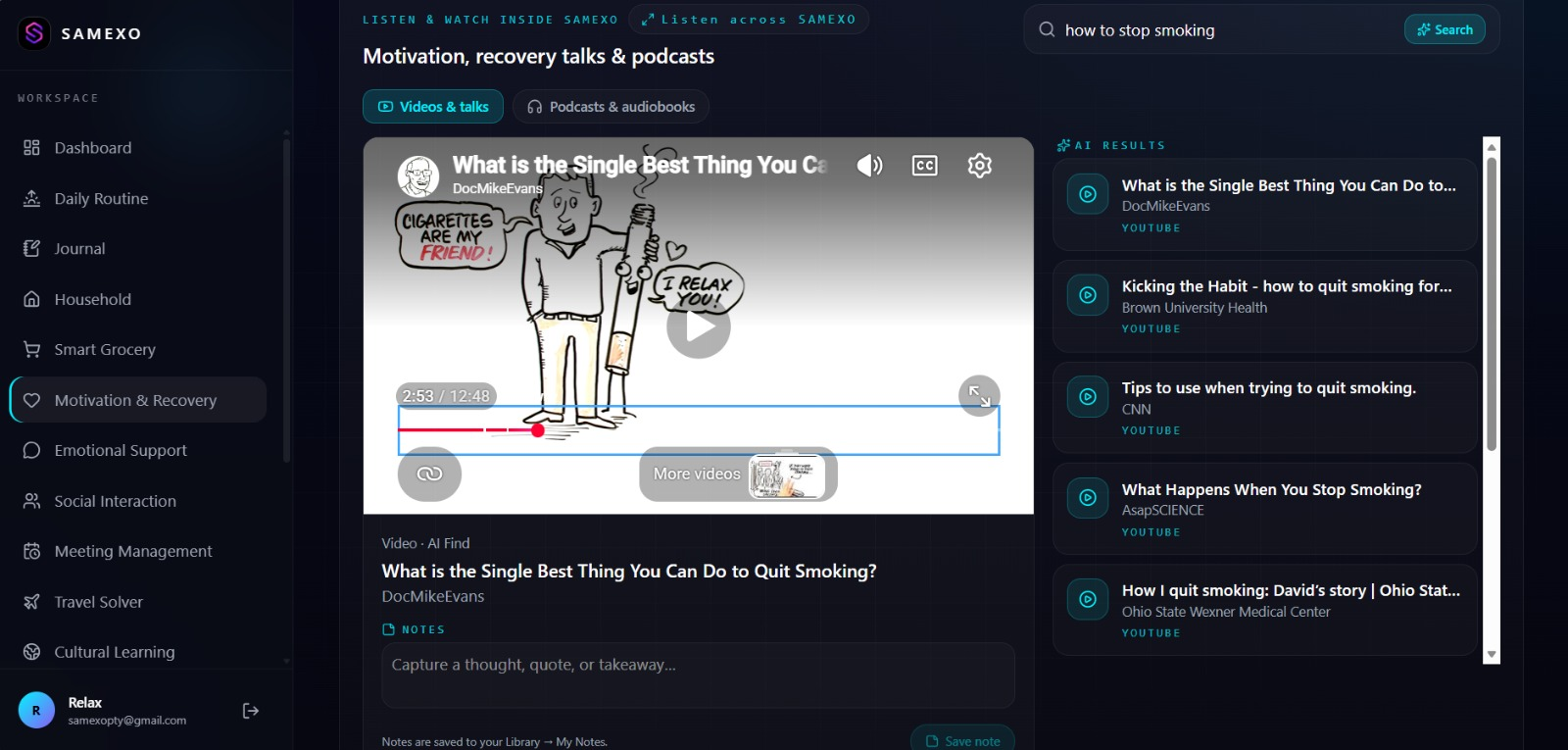 SAMEXO wellness video learning — motivation, recovery talks and podcasts inside the app